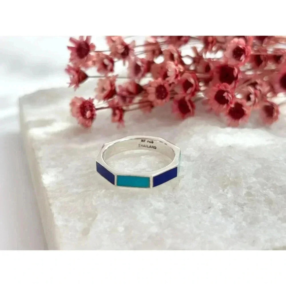 Sterling Turquoise Inlay Vintage Rare Flat Sided Ring - sz 9.75 - Picture 3 of 7